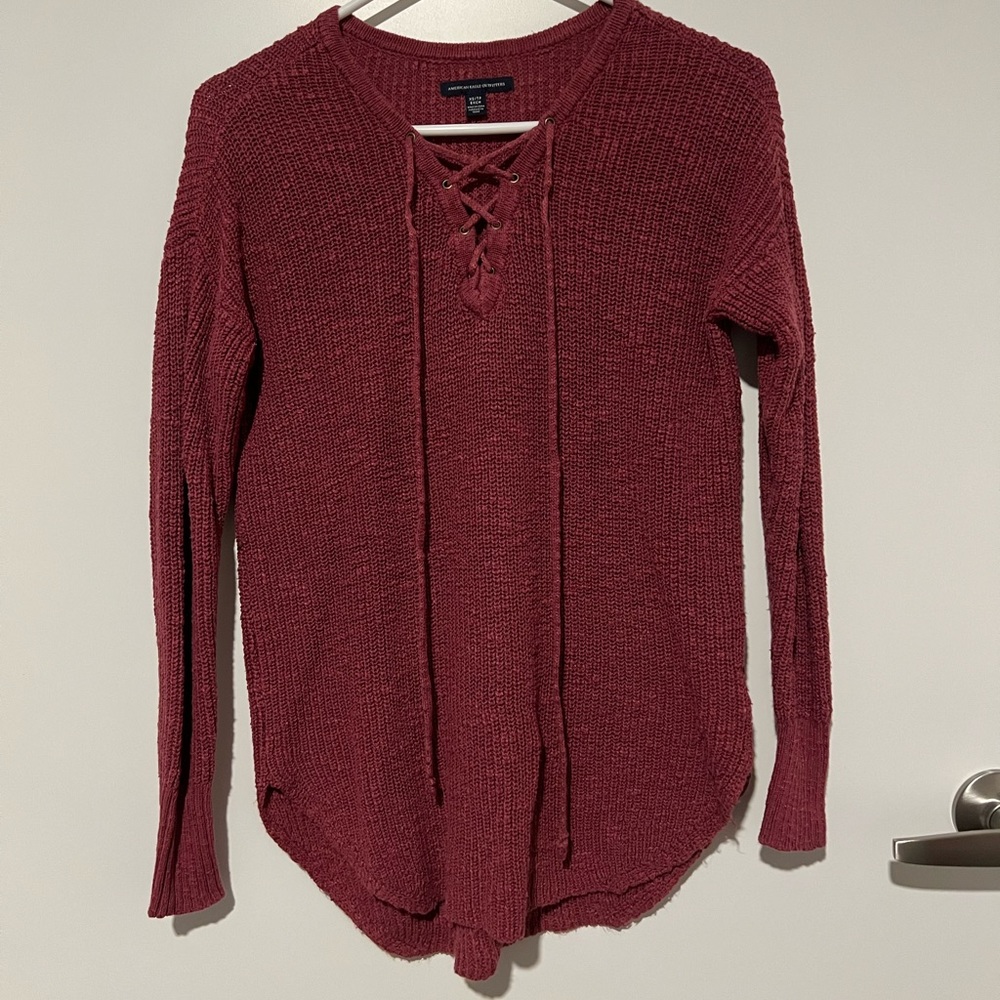 Wine/ purple lace up knit sweater. Size XS